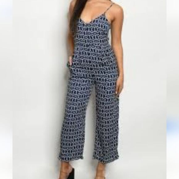 GILLI navy blue & white tank top jumpsuit, back zipper, lined, size M - Picture 2 of 7